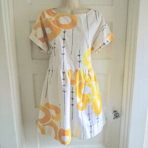 White & Yellow Circle Print Boat Neck Cotton Dress L